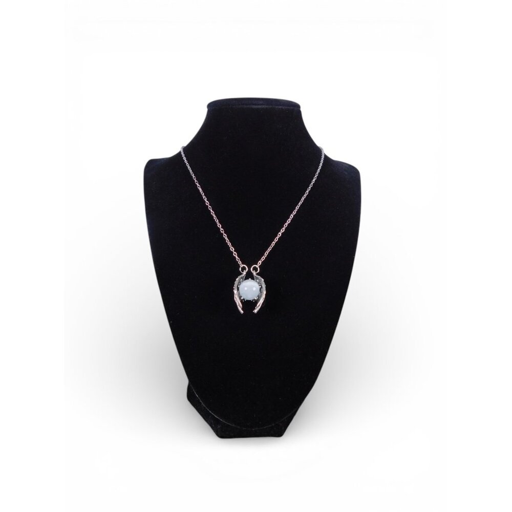 Angel Wing Pendant Necklace Silver Tone White Glass Religious Jewelry Adjustable